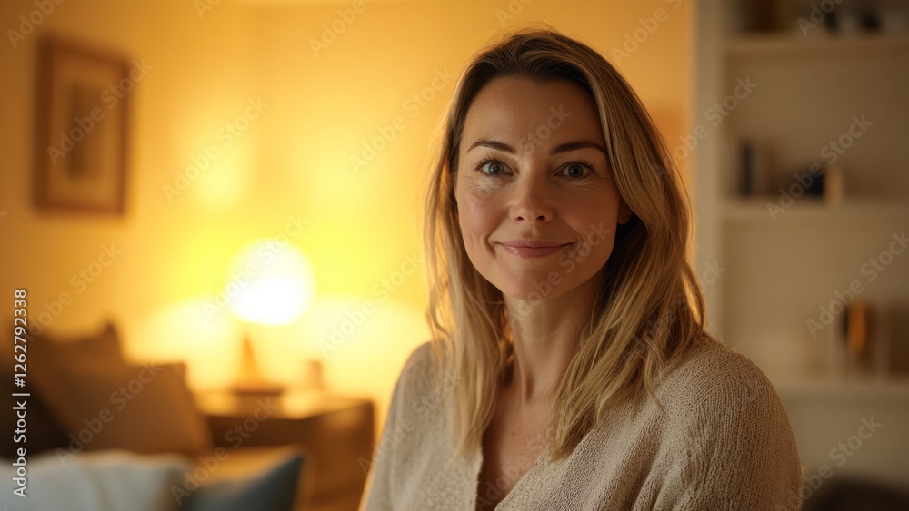 smiling woman relaxing at home in warm yellow ambient lighting evening at home smiling woman relaxing at home in warm yellow ambient lighting evening at home