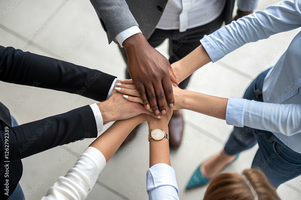 Group participants gather in a modern office environment, placing their hands together in a sign of collaboration and unity. This activity showcases team spirit and cooperation. Group participants gather in a modern office environment, placing their hands together in a sign of collaboration and unity. This activity showcases team spirit and cooperation.