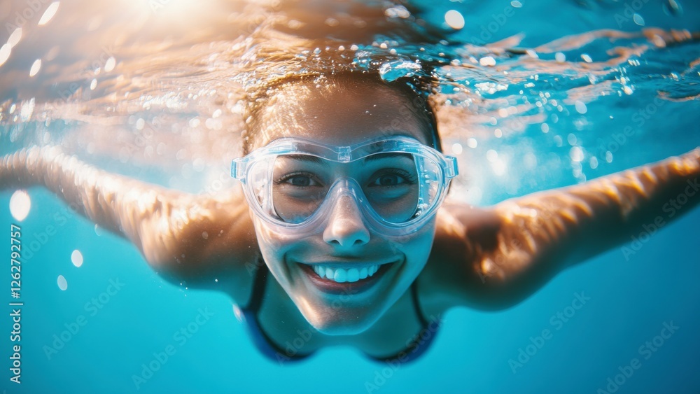 Naklejka premium smiling 30-year-old woman swimming backstroke in the clear blue sea with sunlight penetrating the water underwater adventure and joy