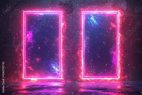 Futuristic neon portals on transparent background. Realistic vector illustration of round square holographic gate.
