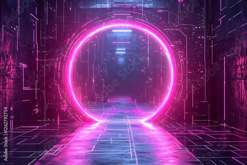 Futuristic neon portals on transparent background. Realistic vector illustration of round square holographic gate.