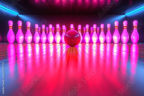 Bowling ball hitting pins neon lights reflecting black background.