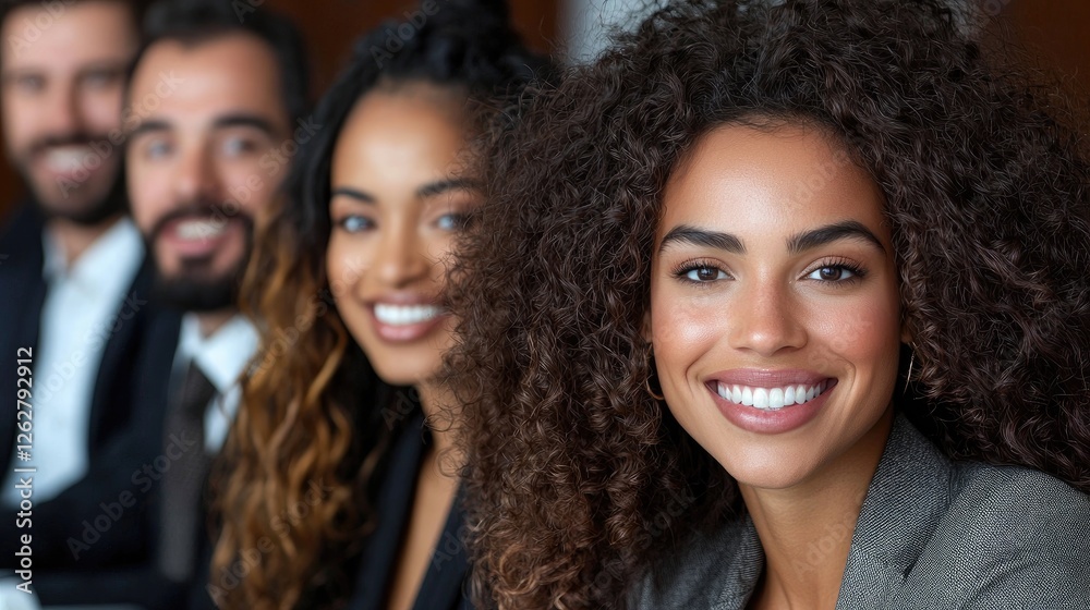 Obraz premium Smiling businesswoman with curly hair standing with her diverse corporate team in a modern office.