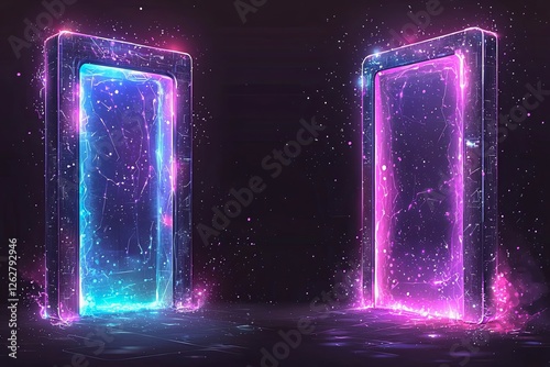 Futuristic neon portals on transparent background. Realistic vector illustration of round square holographic gate.