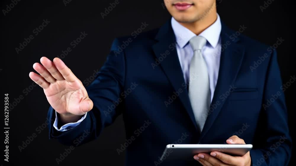 Modern Businessman in Suit Engages with Holographic Technology Using Tablet for Interaction Modern Businessman in Suit Engages with Holographic Technology Using Tablet for Interaction