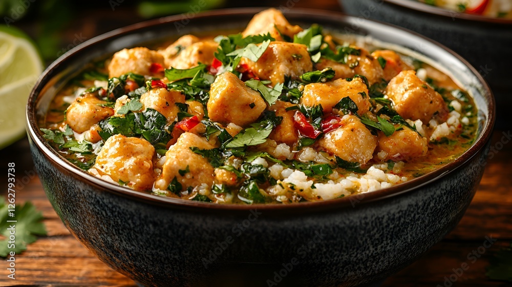 Delicious chicken curry with rice in a bowl Delicious chicken curry with rice in a bowl