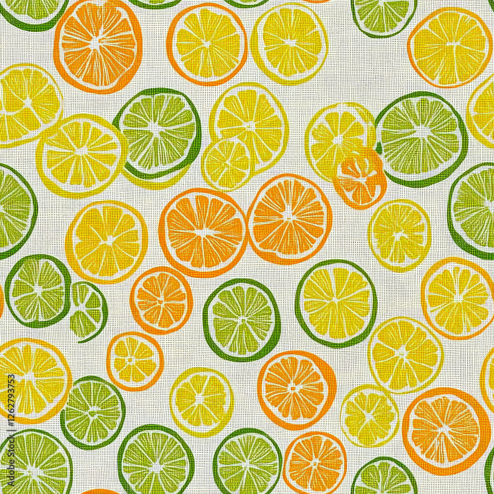 A playful citrus slice pattern, where orange, lemon, and lime circles create a fresh and summery fruit-inspired design A playful citrus slice pattern, where orange, lemon, and lime circles create a fresh and summery fruit-inspired design