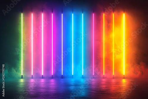 Laser and Luminous Neon Light Sticks. Set of Gradient Lights Beams in a Rainbow of Colors.