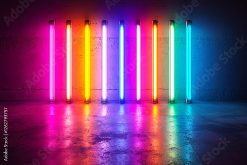 Laser and Luminous Neon Light Sticks. Set of Gradient Lights Beams in a Rainbow of Colors.