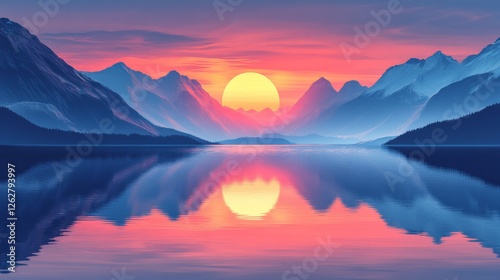 Tranquil lake reflects mountains and vibrant sunrise in the distance
