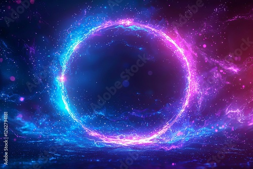Magic fantasy portal. Round light frame, Futuristic teleport. light effect. Blue, purple, neon lights.