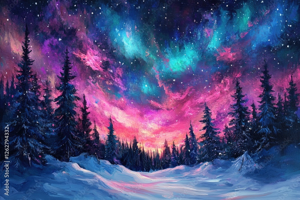 A vibrant display of the Northern Lights, also known as the Aurora Borealis, illuminating snow A vibrant display of the Northern Lights, also known as the Aurora Borealis, illuminating snow