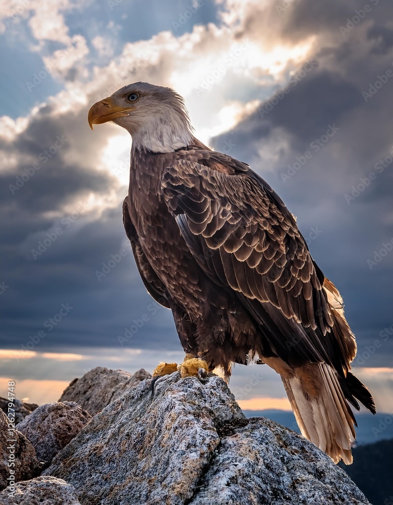A close-up of a majestic eagle perched on a rocky cliff, its sharp eyes scanning the horizon under a dramatic cloudy sky. A close-up of a majestic eagle perched on a rocky cliff, its sharp eyes scanning the horizon under a dramatic cloudy sky.