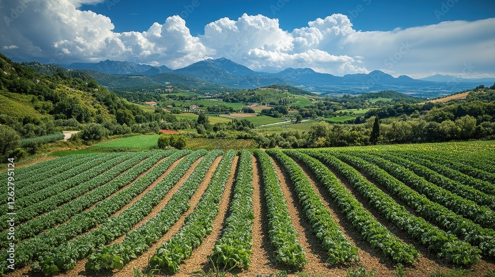 Lush green fields with rows of crops under a blue sky and distant mountains. Lush green fields with rows of crops under a blue sky and distant mountains.