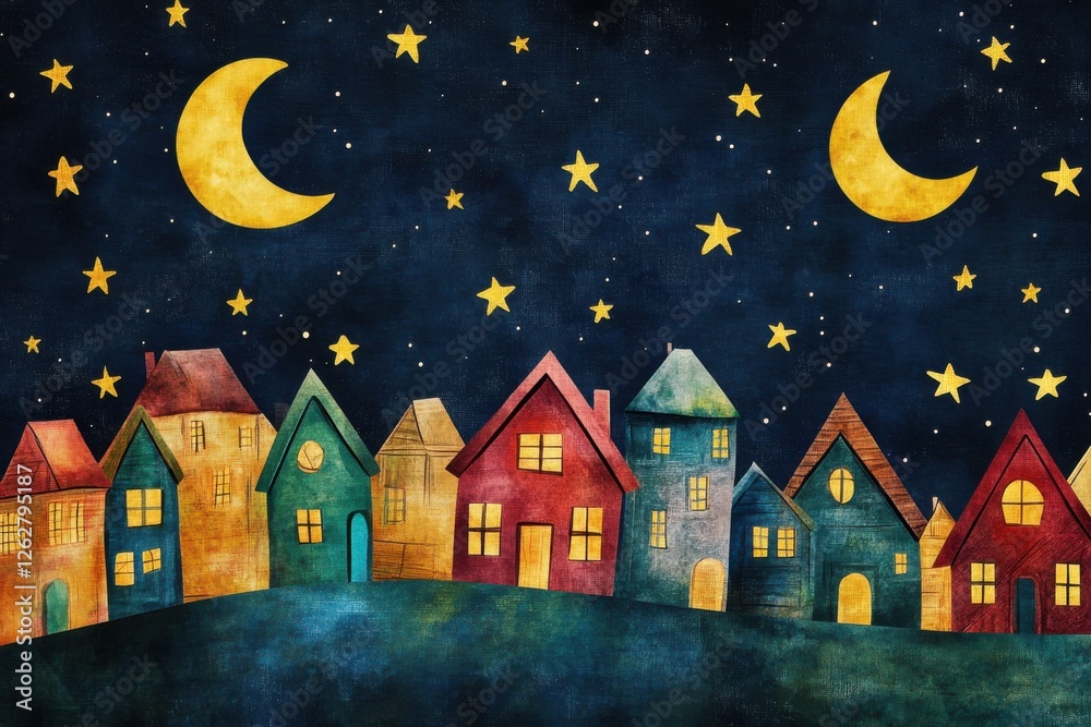 Fototapeta premium Whimsical landscape of colorful houses under a starry night sky with crescent moons