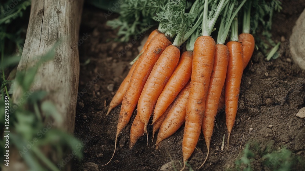Harvesting fresh, vibrant carrots from rich, dark soil in a sunny, tranquil garden setting. Generative AI Harvesting fresh, vibrant carrots from rich, dark soil in a sunny, tranquil garden setting. Generative AI