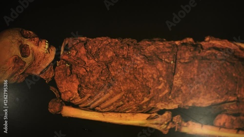 A well-preserved ancient Egyptian mummy, revealing detailed facial features and skeletal remains. This artifact provides invaluable insight into burial rituals and the preservation techniques of the t