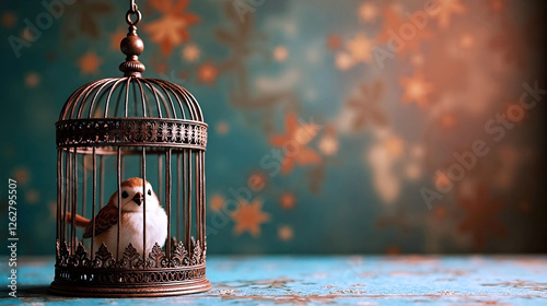 A tiny sparrow, caged within an ornate birdcage, sits quietly.  A serene yet melancholic scene unfolds against a blurred, teal backdrop.