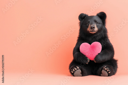 A cute teddy bear hugging a big heart with both arms, looking joyful, soft and fluffy fur, detailed stitches, ultra-HD, photorealistic, isolated background photo