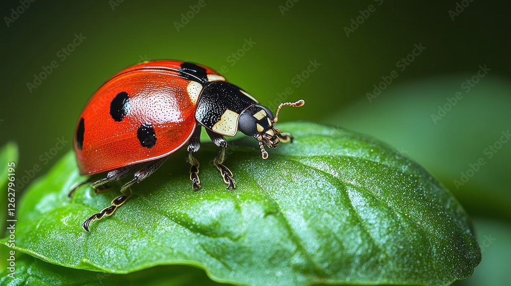 A close-up of a ladybug perched on a green leaf, showcasing its vibrant red color and black spots. A close-up of a ladybug perched on a green leaf, showcasing its vibrant red color and black spots.