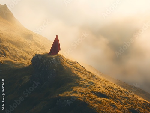 A wide-angle shot capturing a woman in an autumnal red cover, standing on a rugged cliff surrounded rolling misty hills emphasizes a sense of freedom photo