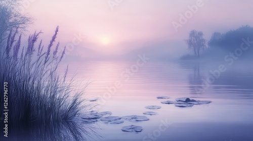 Tranquil lake scene with lily pads and a misty sunrise