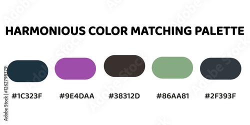 This harmonious color palette perfect for creating a striking, harmonious design with a blend of bold and earthy tones. deep teal, vibrant magenta, dark charcoal, soft green, slate blue. 243.