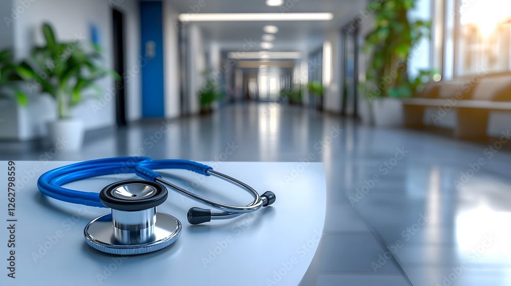 Stethoscope Lying on White Desk with Blurred Hospital Corridor in the Background Stethoscope Lying on White Desk with Blurred Hospital Corridor in the Background