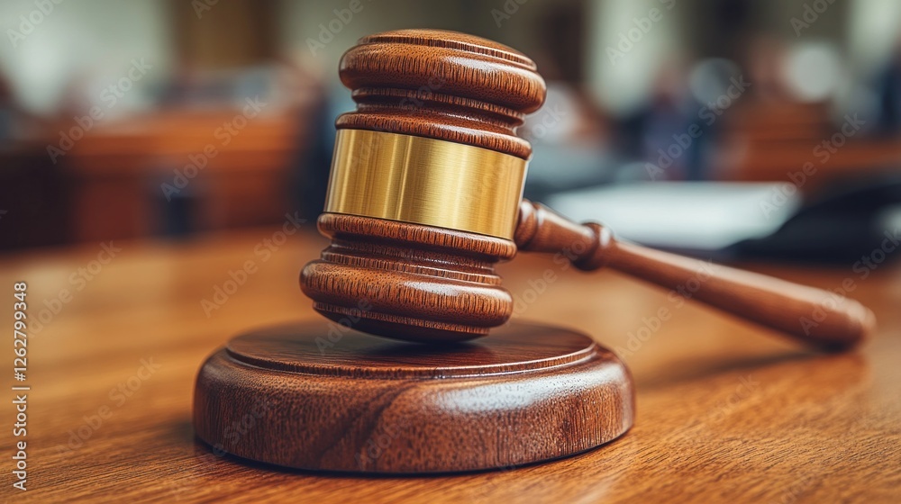 Wooden gavel on table in courtroom, awaiting judgment Wooden gavel on table in courtroom, awaiting judgment