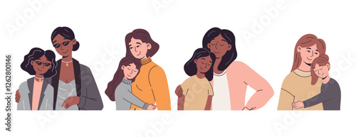 Set of vector isolated diverse mother and daughter illustrations. Loving parent and child embrace in modern flat style. Collection of affectionate family moments with different ethnicities.