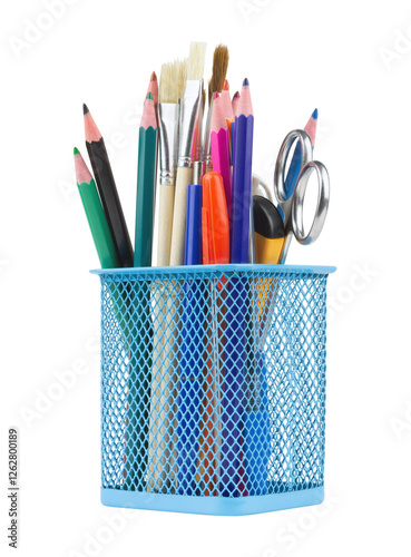 Colored pencils and various school supplies in a metal holder or cup. Isolated from the background	