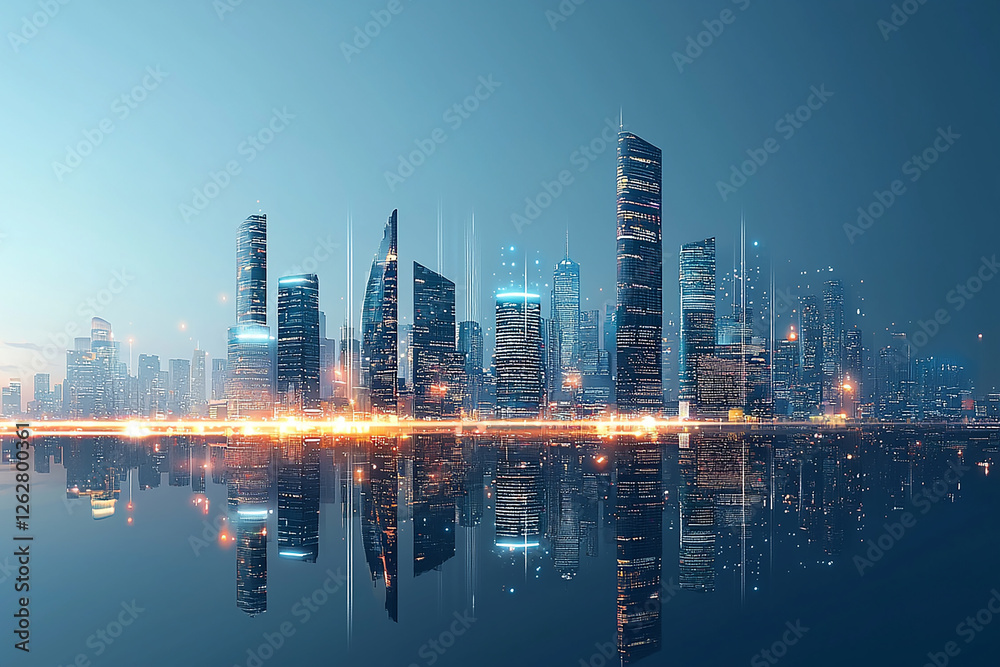 Fototapeta premium Futuristic city skyline at night urban landscape digital art reflective water aesthetic vision