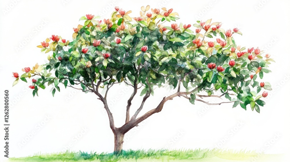 Fototapeta premium Watercolor painting of flowering tree, isolated on white