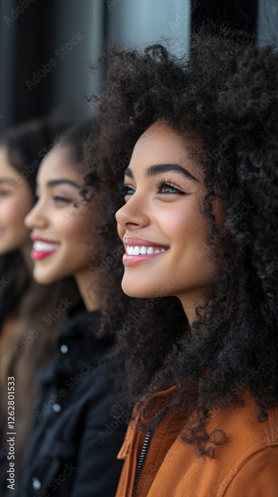 Obraz premium Three women with different hairstyles smile together, showcasing their joy and friendship in an outdoor setting on a sunny day