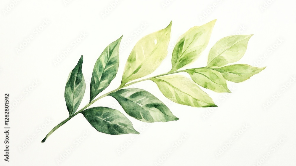 Fototapeta premium Watercolor painting of green leaves branch, isolated on white background, for design (1)