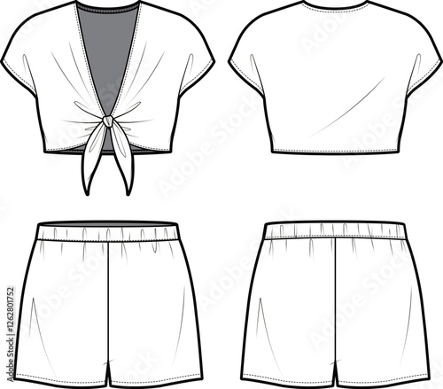 Technical flat sketch of Yoga clothing set. Front knotted crop top blouse with batwing shoulder. Pull on shorts with waist e-band and gathering details. Vector mock up Template. 