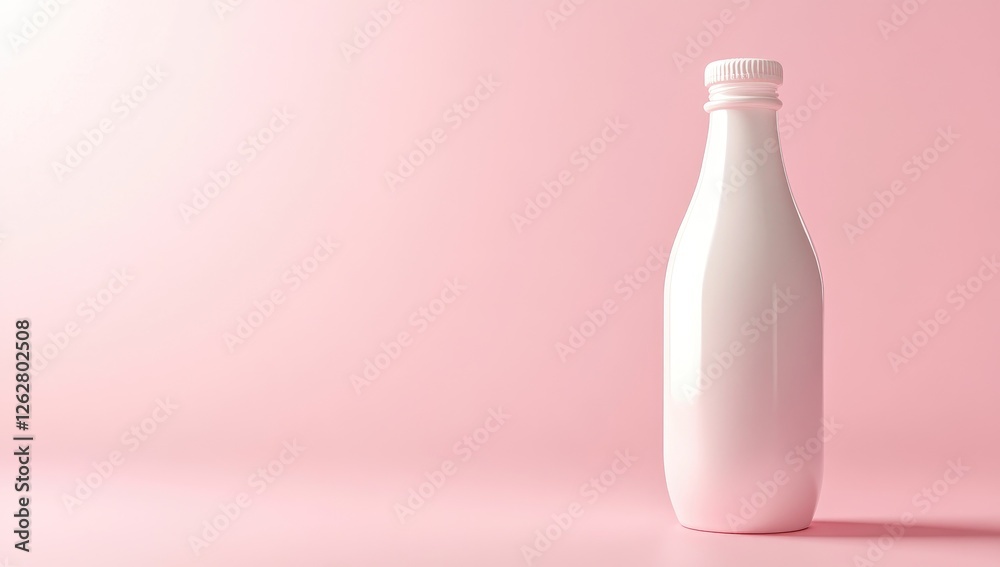 A white bottle of milk with a pink gradient background, in a minimalist style with a light color theme.