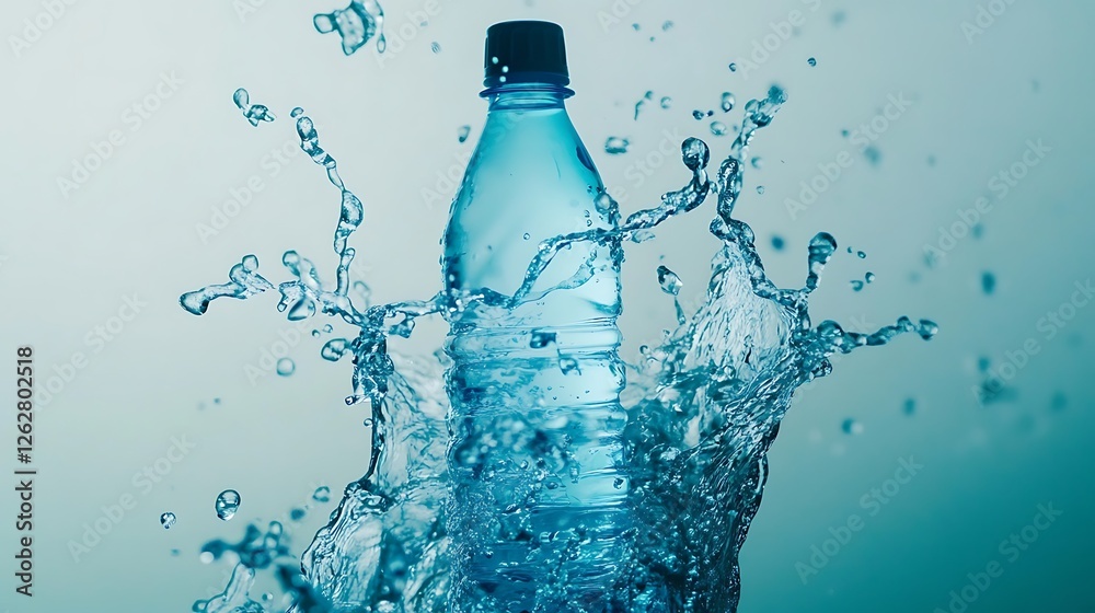 A water bottle on water surrounded by liquid splashing A water bottle on water surrounded by liquid splashing