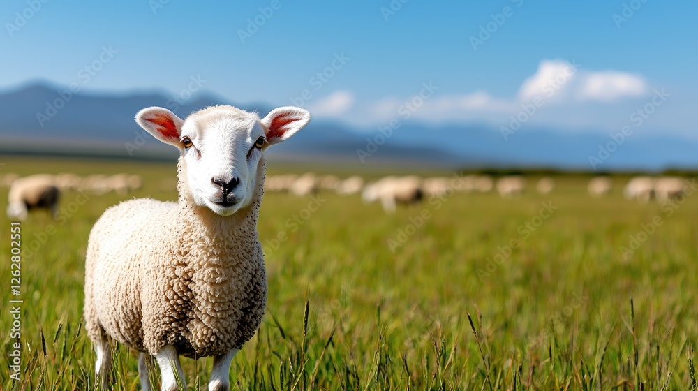 Sheep grazing in a lush green pasture, mountains in background Sheep grazing in a lush green pasture, mountains in background
