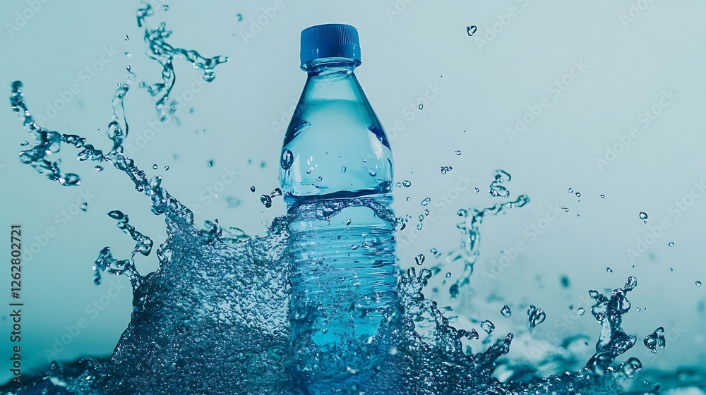 A water bottle on water surrounded by liquid splashing A water bottle on water surrounded by liquid splashing