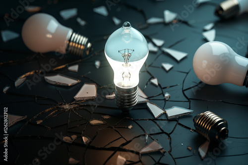 A thought-provoking concept image featuring broken incandescent light bulbs scattered around a dark surface, with one energy-saving bulb glowing brightly at the center photo