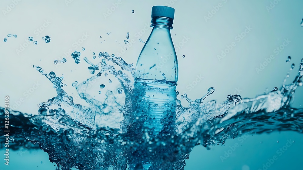 A water bottle on water surrounded by liquid splashing A water bottle on water surrounded by liquid splashing