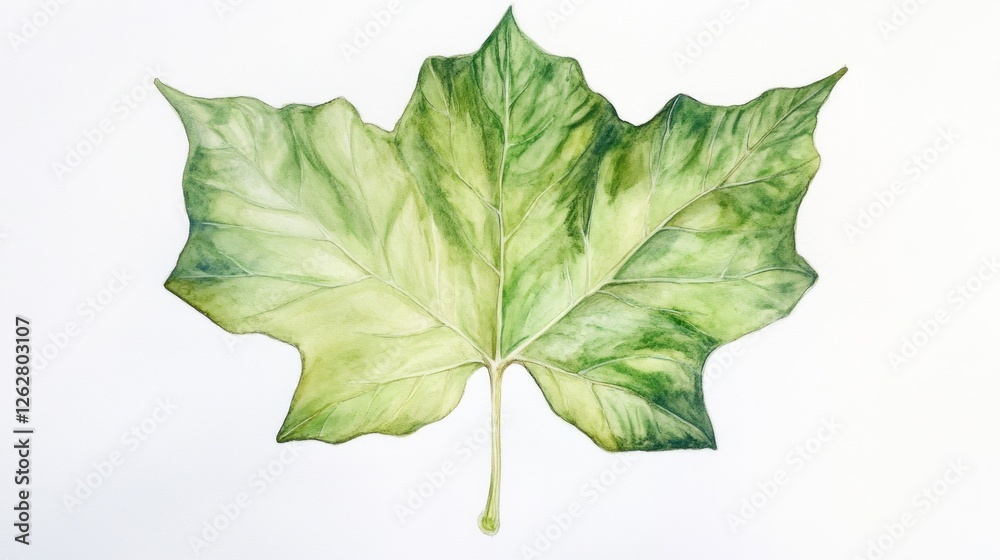 Fototapeta premium Watercolor painting of green maple leaf on white background, nature art