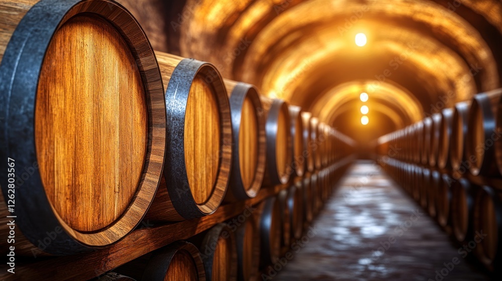 Wooden wine barrels in a long wine cellar tunnel Wooden wine barrels in a long wine cellar tunnel