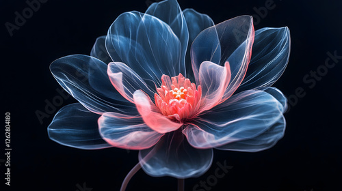 A single flower made of transparent plastic material, with light pink and dark blue colors
