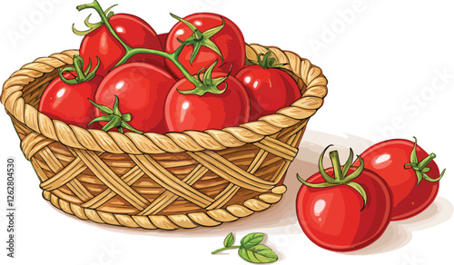 Red Tomatoes in basket vector design, Red Tomato in wicker basket with Tomato slice vector design