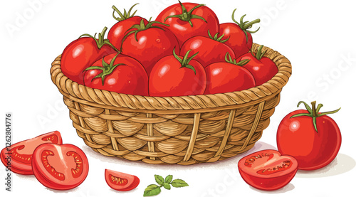 Red Tomato in wicker basket with Tomato slice vector design, Red Tomatoes in wicker basket vector design