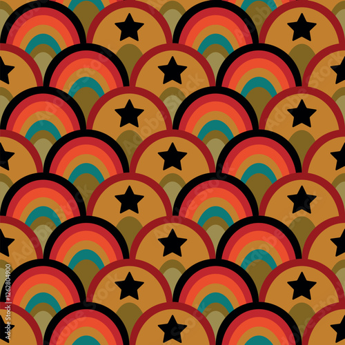 Retro pattern of scales with rainbow and star. Vector illustration for wrapping paper, wallpaper, home decor, background, fabric