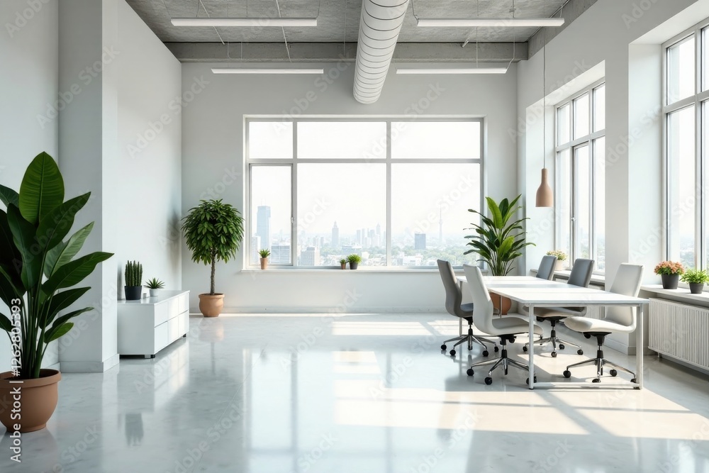 Fototapeta premium Modern minimalist office space with expansive window views and sleek white furniture