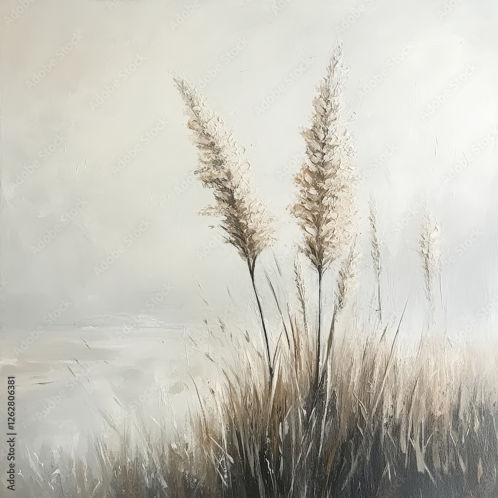 Foggy morning in a field of green grass and reeds Foggy morning in a field of green grass and reeds